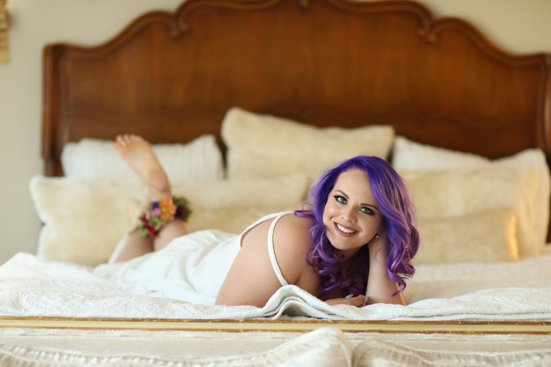 Purple haired bride in the bridal suite at this private venue location.