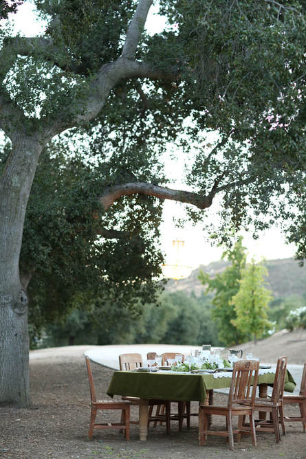 Private venue with large oak trees. Table set under chandelier.