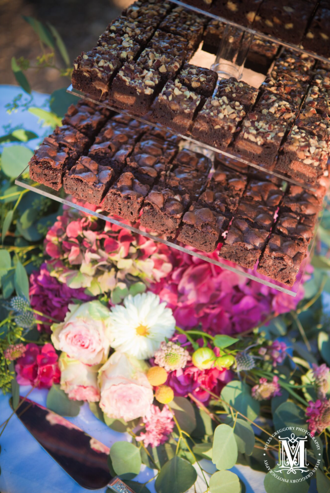 Dessert and flowers, Brownie cake at a baby shower in Murrieta.
